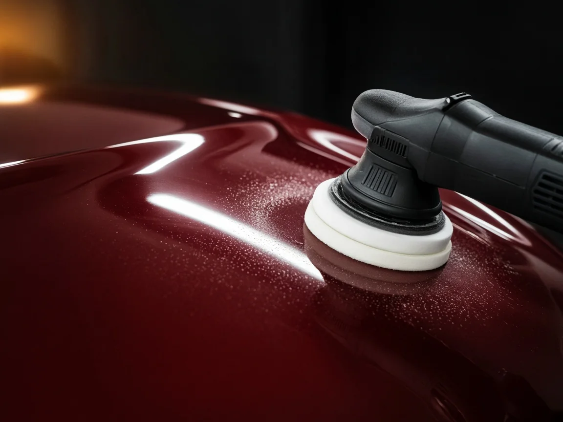 A dual-action polisher refining the paint on a deep red bonnet
