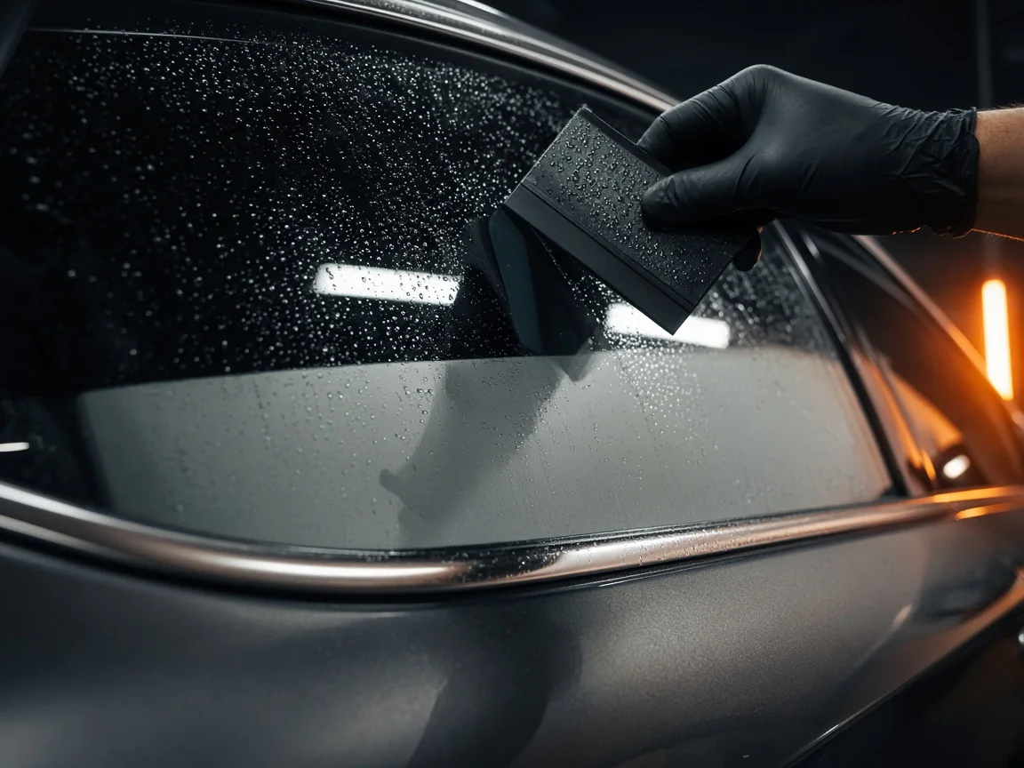 Window film being applied to a car's side glass