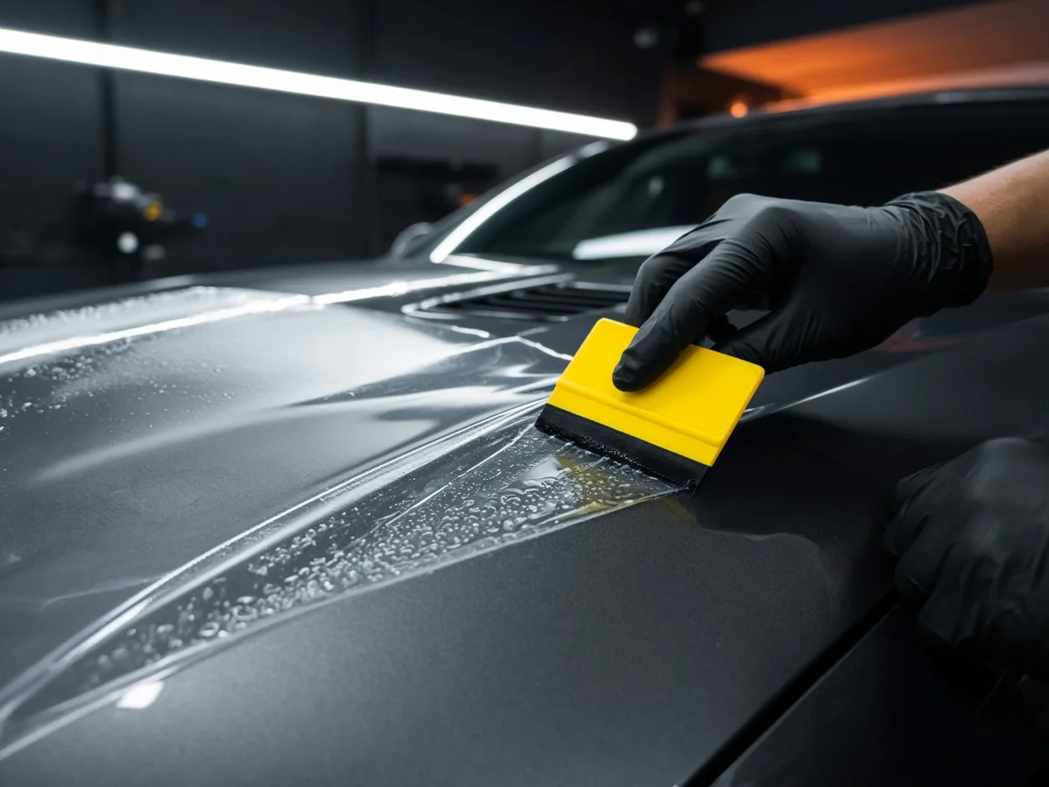 Paint protection film being squeegeed onto a car bonnet