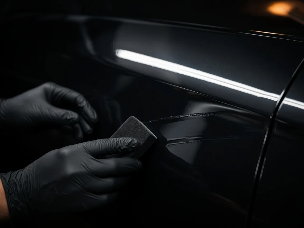 Technician applying ceramic coating to a dark car panel