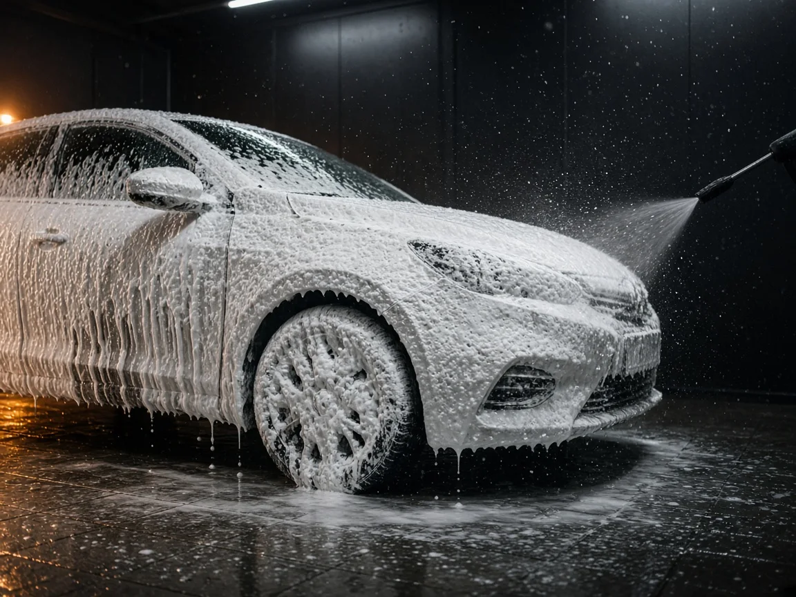 Foam-covered car under the wash bay lights at AUTOBIX AUTO CARE