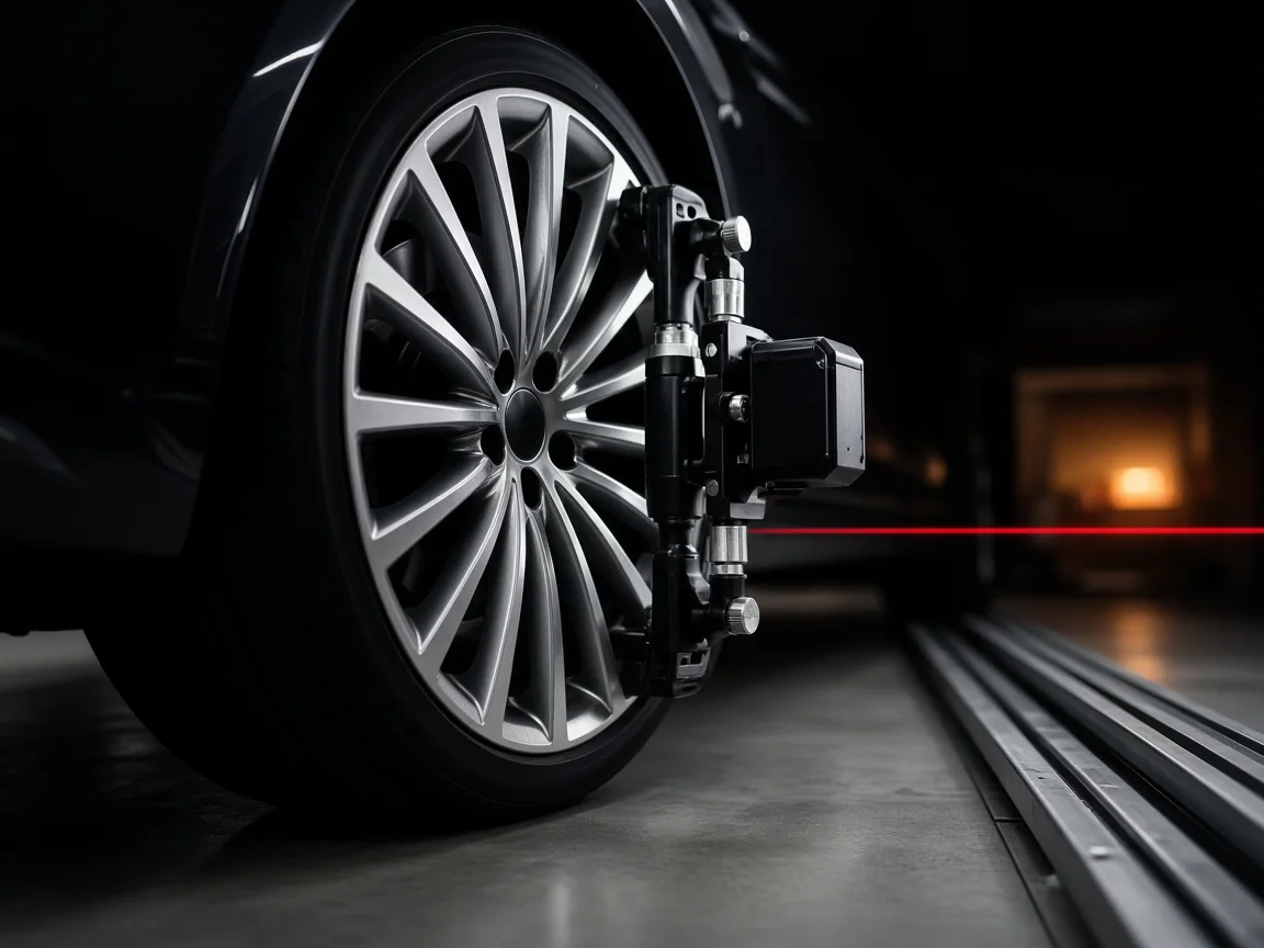 Alloy wheel on the alignment rig inside the AUTOBIX workshop