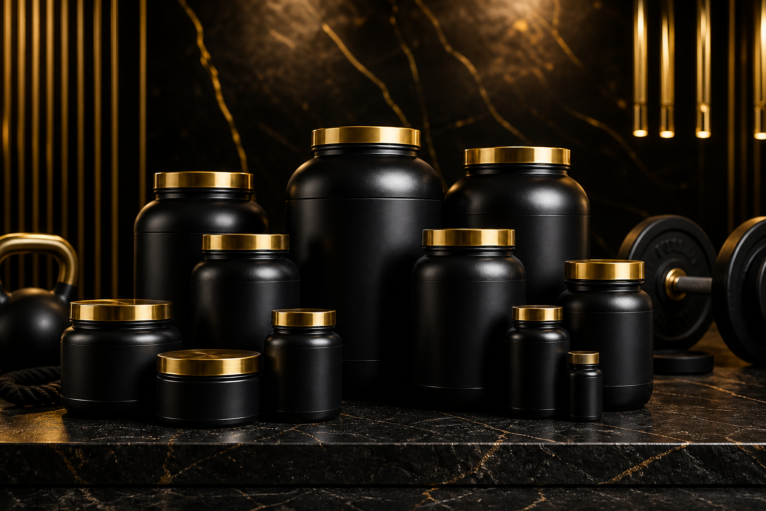 Dark studio still life of sports nutrition tubs