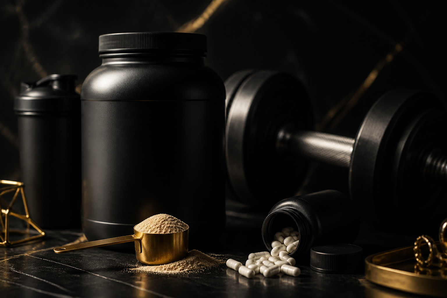 Protein tub, gold scoop and training still life