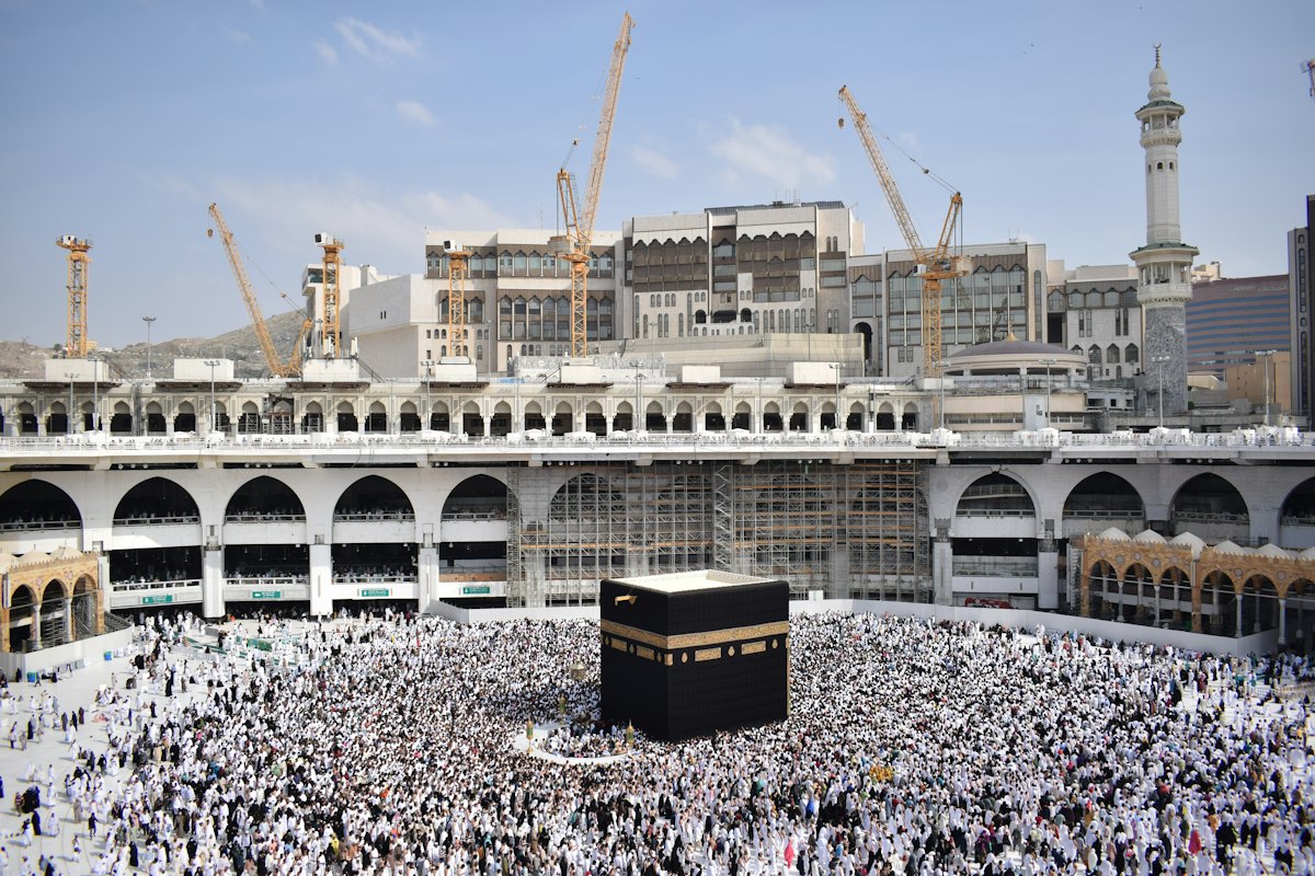 Pilgrims gathered around the Kaaba at Masjid al-Haram
