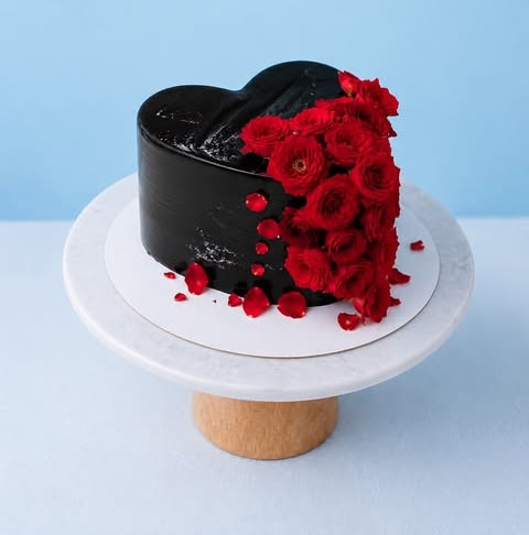 Heart-shaped chocolate cake with a cascade of red roses