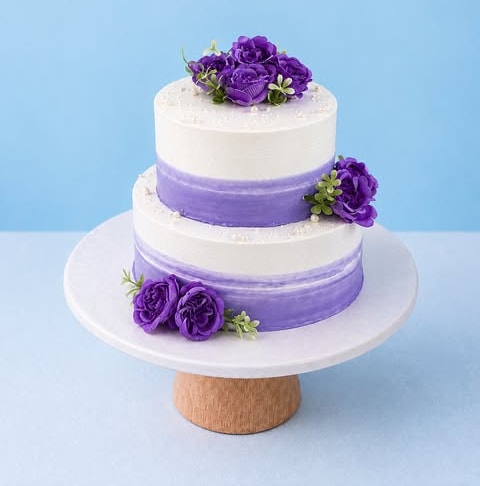 Two-tier cake in white and lilac, with purple roses