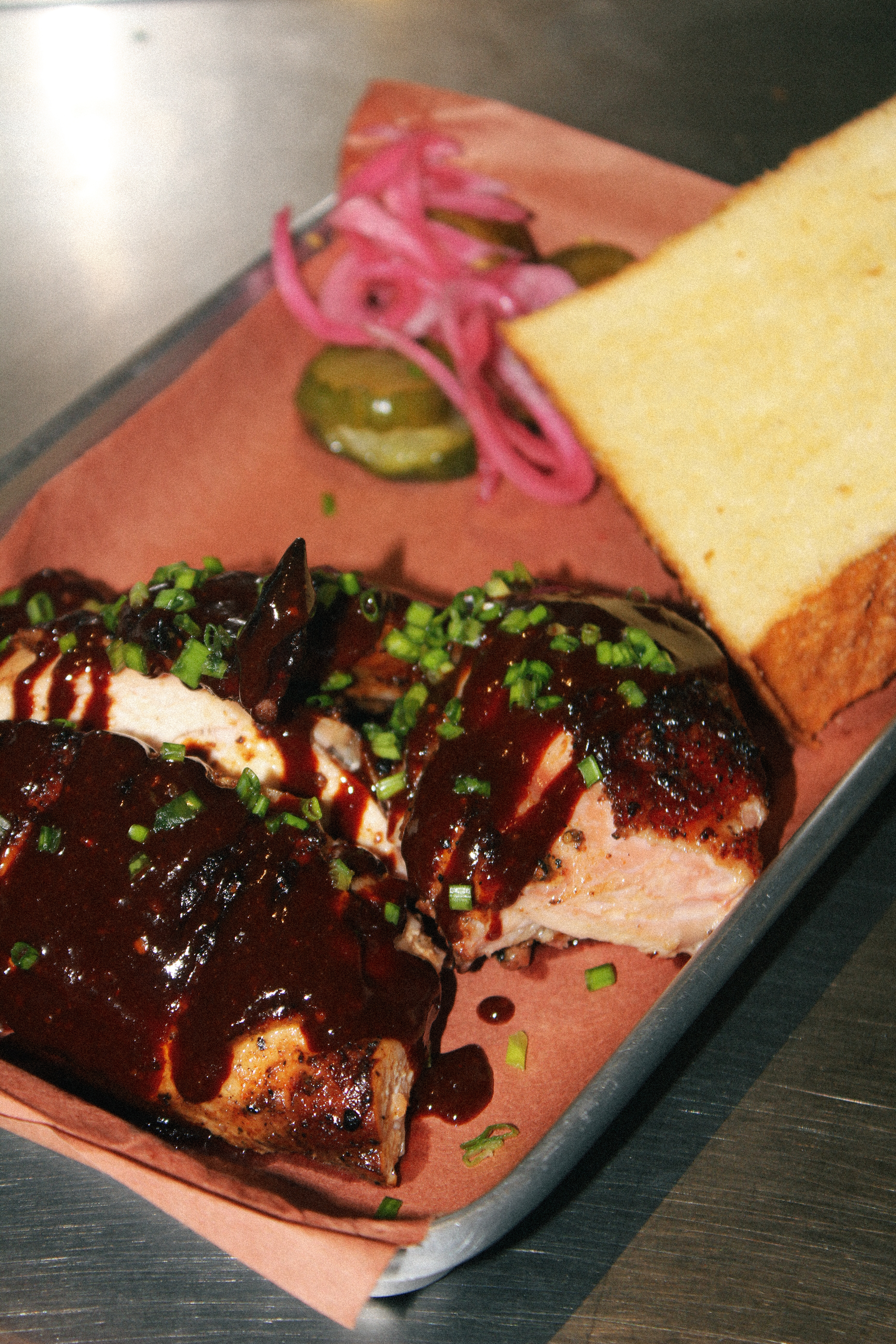 BBQ glazed meat platter with toast